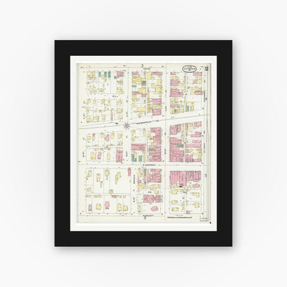 Old map wall art mockup — black gallery frame with white mat — Sanborn Fire Insurance Map from Seymour, Jackson County, Indiana (1896), Sheet #0002