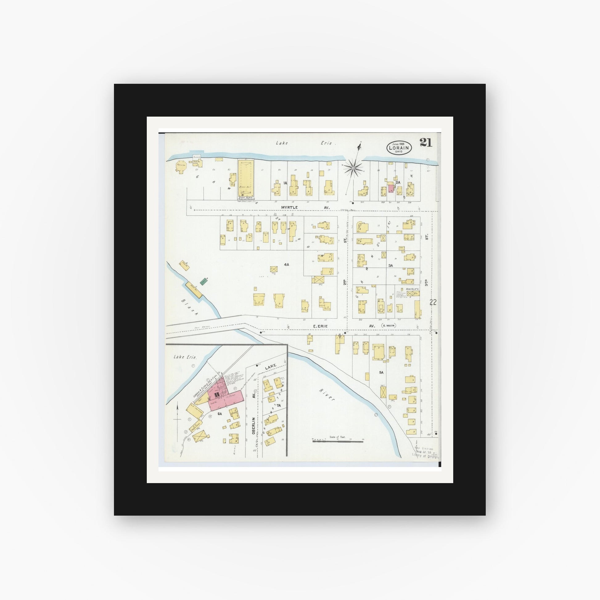 Old map wall art mockup — black gallery frame with white mat — Sanborn Fire Insurance Map from Lorain, Lorain County, Ohio (1905), Sheet #0021