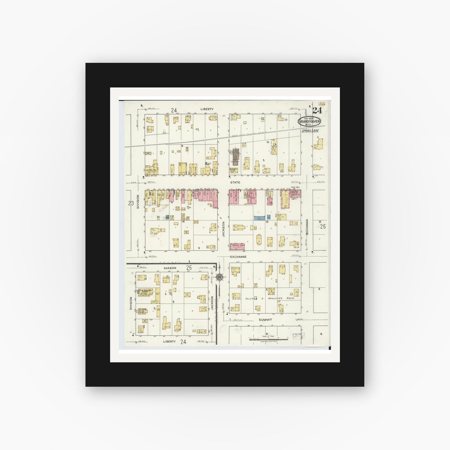 Old map wall art mockup — black gallery frame with white mat — Sanborn Fire Insurance Map from Grand Haven, Ottawa County, Michigan (1920), Sheet #0024