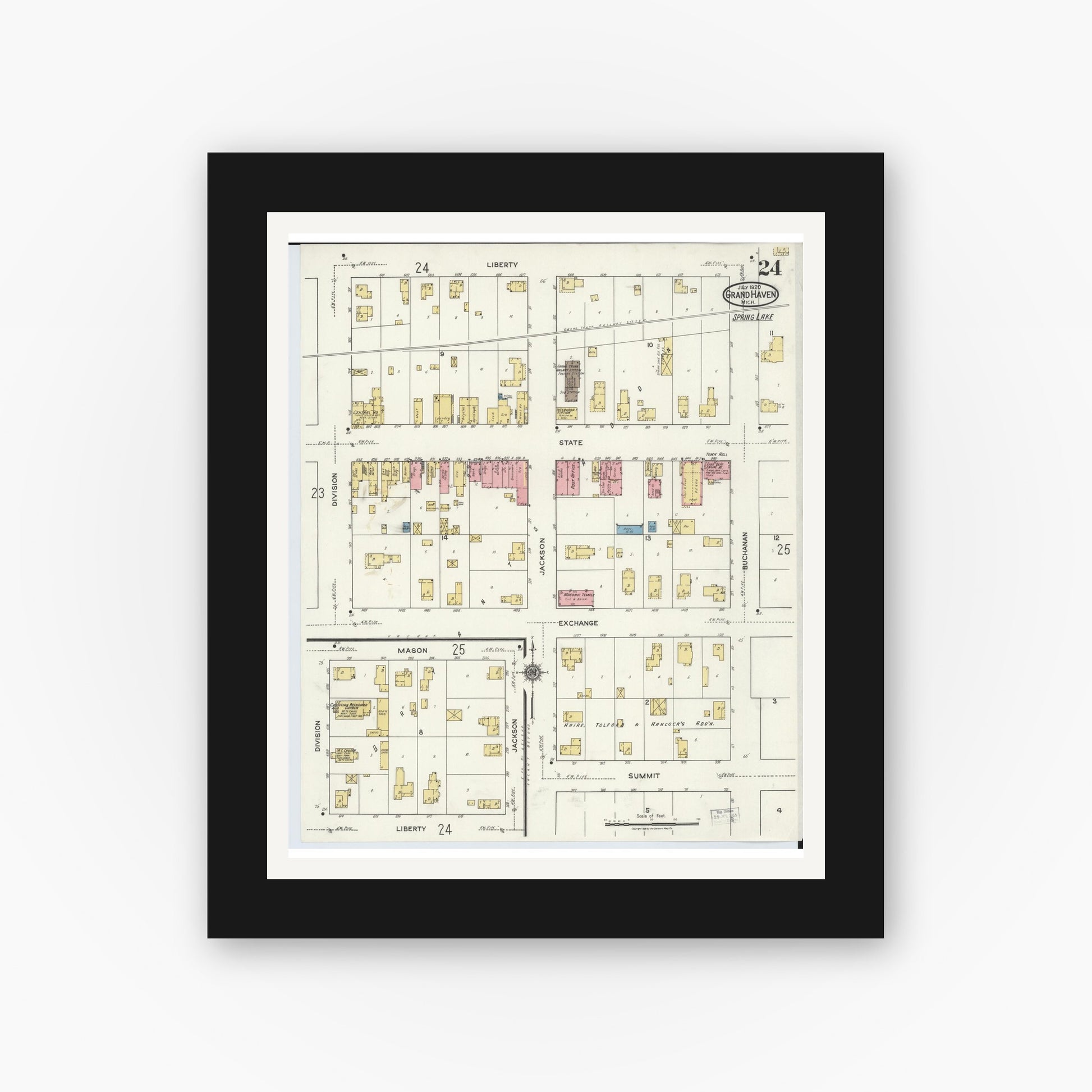 Old map wall art mockup — black gallery frame with white mat — Sanborn Fire Insurance Map from Grand Haven, Ottawa County, Michigan (1920), Sheet #0024