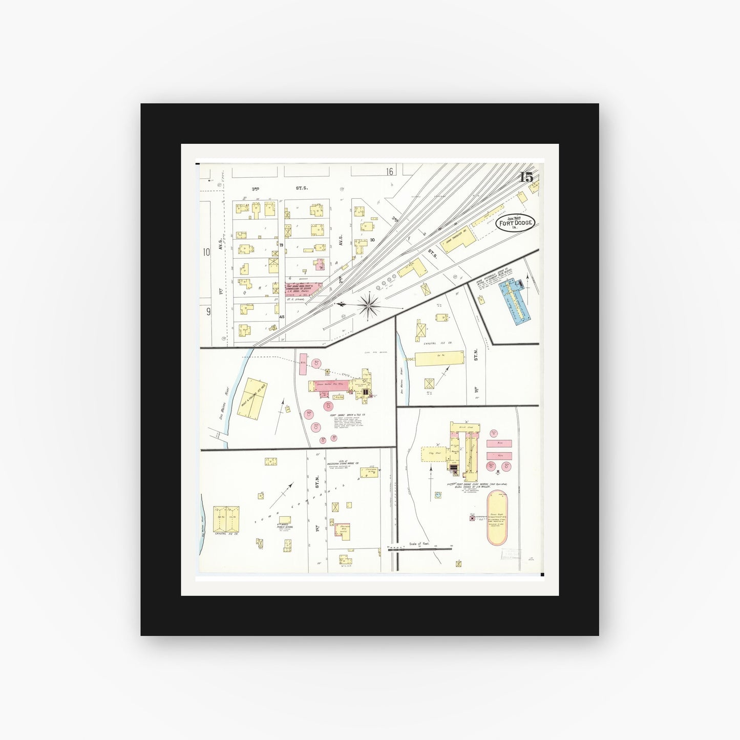 Old map wall art mockup — black gallery frame with white mat — Sanborn Fire Insurance Map from Fort Dodge, Webster County, Iowa (1907), Sheet #0015