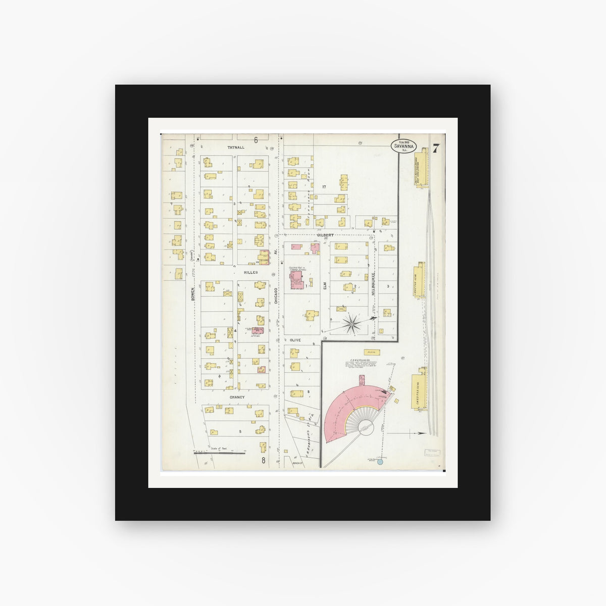 Old map wall art mockup — black gallery frame with white mat — Sanborn Fire Insurance Map from Savanna, Carroll County, Illinois (1903), Sheet #0007