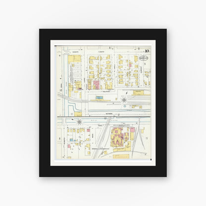 Old map wall art mockup — black gallery frame with white mat — Sanborn Fire Insurance Map from Massillon, Stark County, Ohio (1901), Sheet #0010