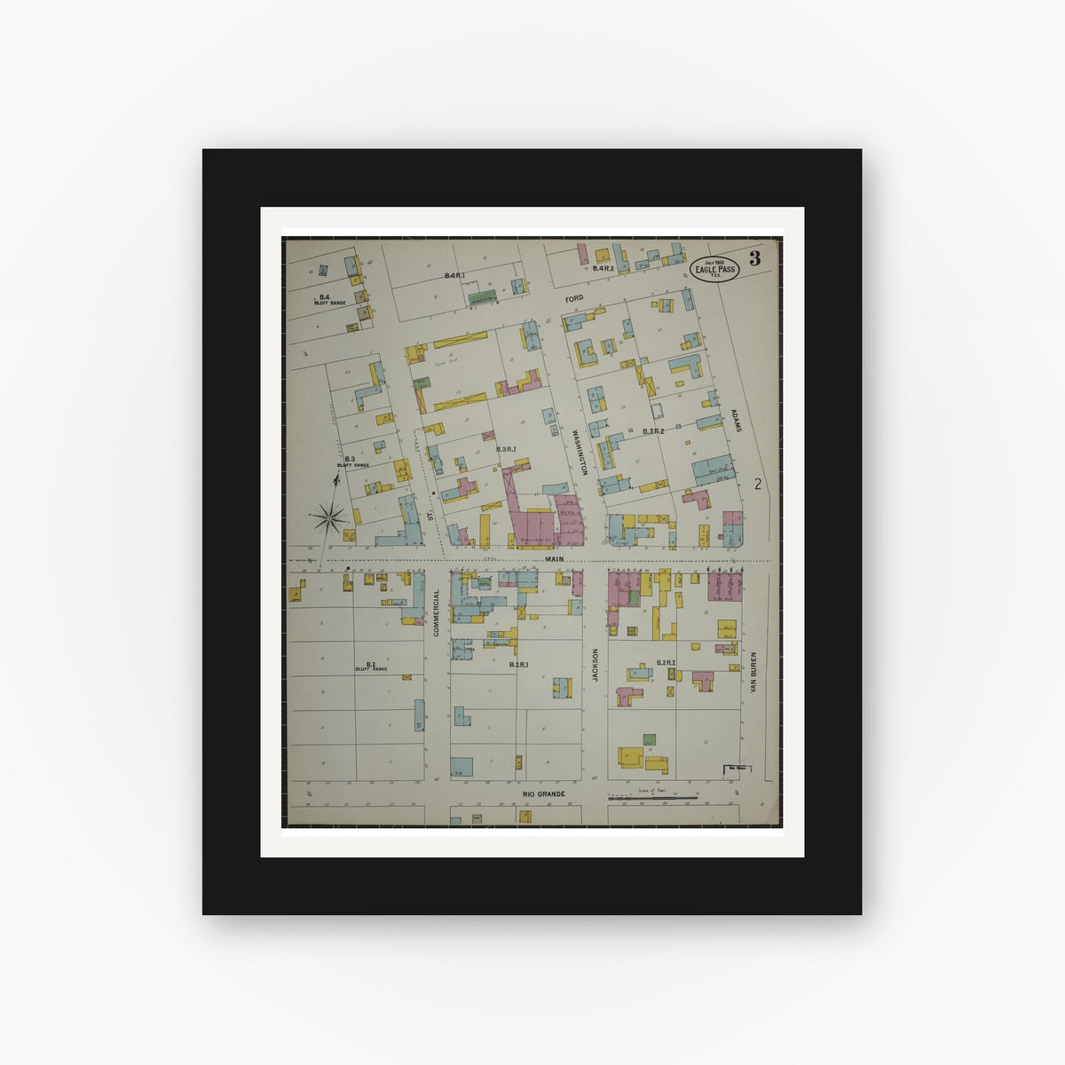Old map wall art mockup — black gallery frame with white mat — Sanborn Fire Insurance Map from Eagle Pass, Maverick County, Texas (1900), Sheet #0003