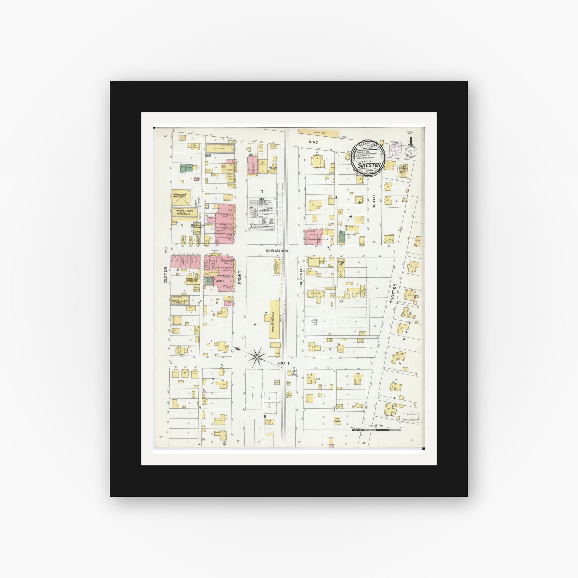Old map wall art mockup — black gallery frame with white mat — Sanborn Fire Insurance Map from Sikeston, Scott County, Missouri (1901), Sheet #0001