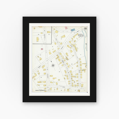 Old map wall art mockup — black gallery frame with white mat — Sanborn Fire Insurance Map from Webster, Worcester County, Massachusetts (1904), Sheet #0013