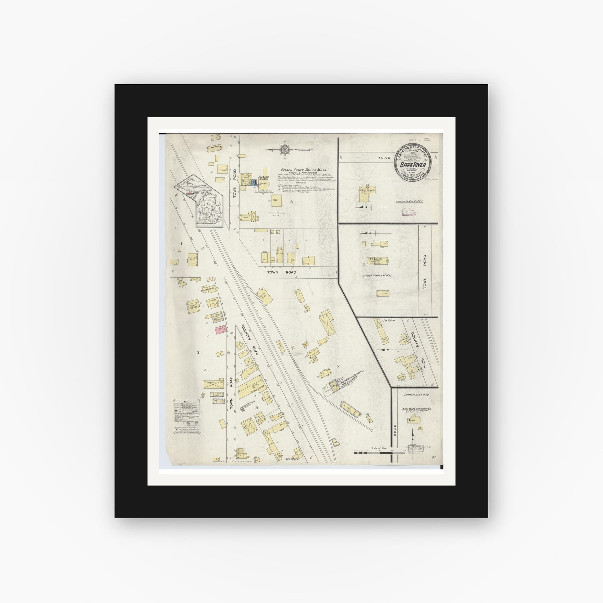 Old map wall art mockup — black gallery frame with white mat — Sanborn Fire Insurance Map from Bark River, Delta County, Michigan (1913), Sheet #0001