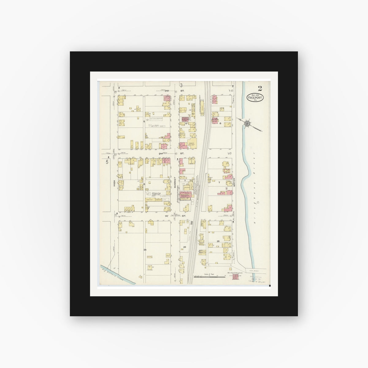 Old map wall art mockup — black gallery frame with white mat — Sanborn Fire Insurance Map from Freeport, Armstrong County, Pennsylvania (1913), Sheet #0002