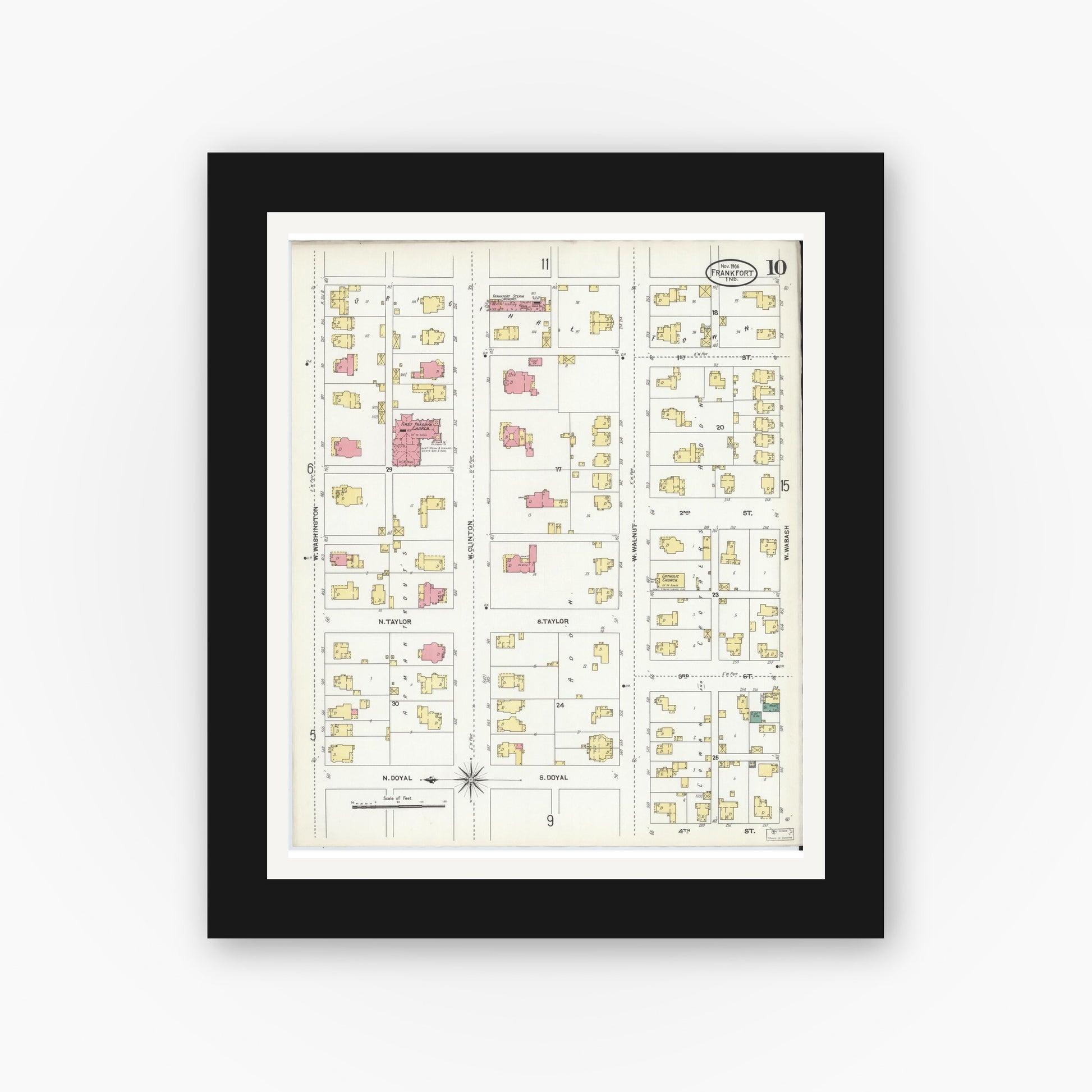 Old map wall art mockup — black gallery frame with white mat — Sanborn Fire Insurance Map from Frankfort, Clinton County, Indiana (1906), Sheet #0010