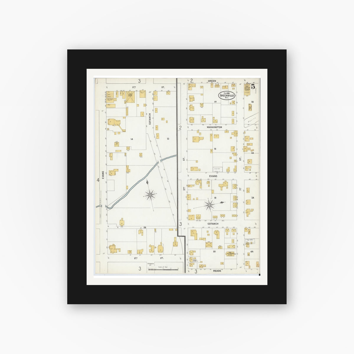 Old map wall art mockup — black gallery frame with white mat — Sanborn Fire Insurance Map from Greenville, Pitt County, North Carolina (1900), Sheet #0005