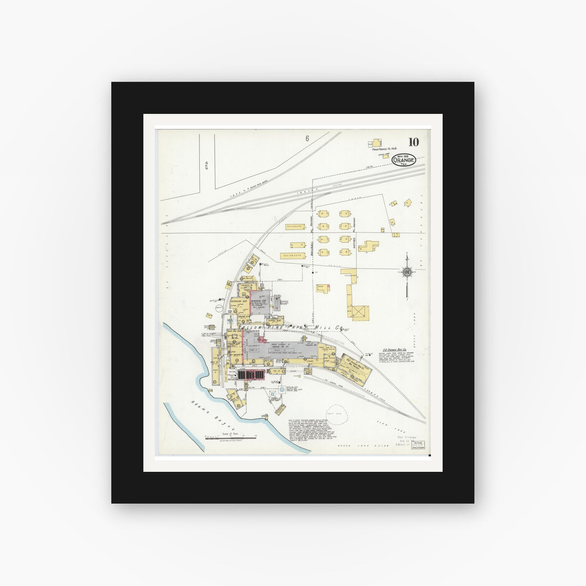 Old map wall art mockup — black gallery frame with white mat — Sanborn Fire Insurance Map from Orange, Orange County, Texas (1919), Sheet #0010
