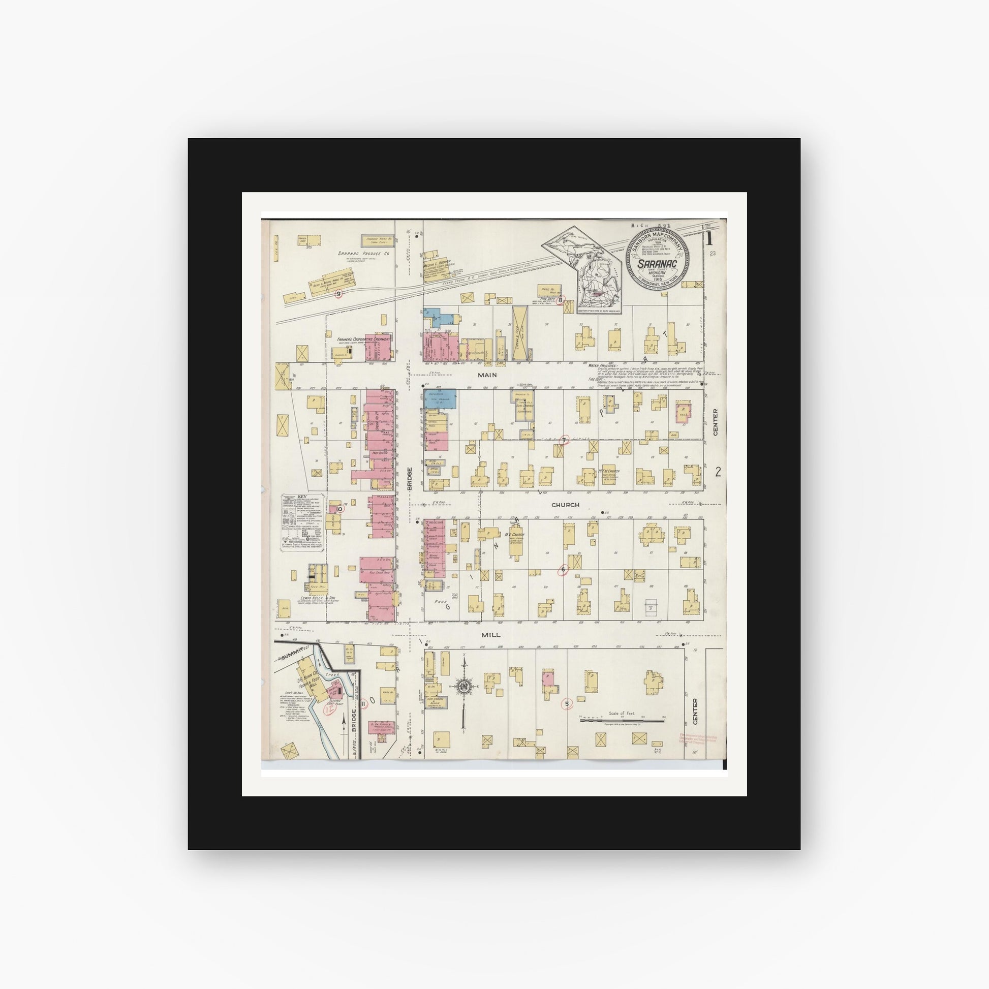 Old map wall art mockup — black gallery frame with white mat — Sanborn Fire Insurance Map from Saranac, Ionia County, Michigan (1918) - Complete Map Set