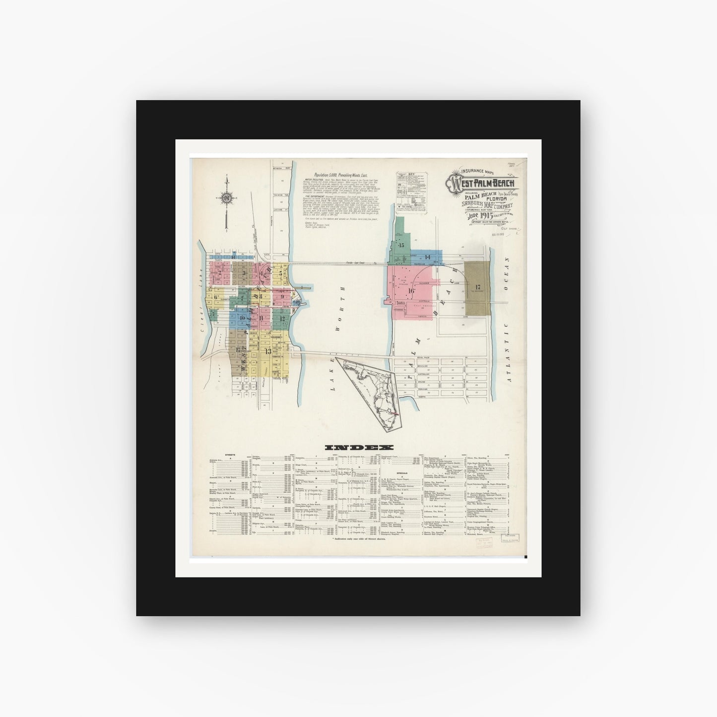 Old map wall art mockup — black gallery frame with white mat — Sanborn Fire Insurance Map from West Palm Beach, Dade County, Florida (1915) - Complete Map Set