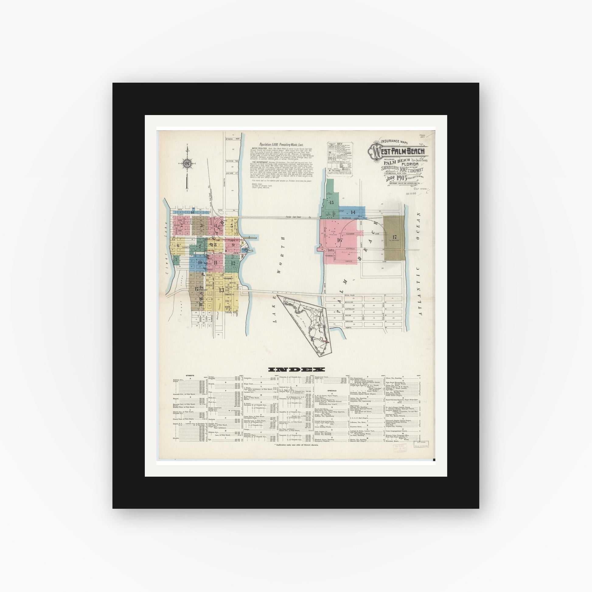 Old map wall art mockup — black gallery frame with white mat — Sanborn Fire Insurance Map from West Palm Beach, Dade County, Florida (1915) - Complete Map Set