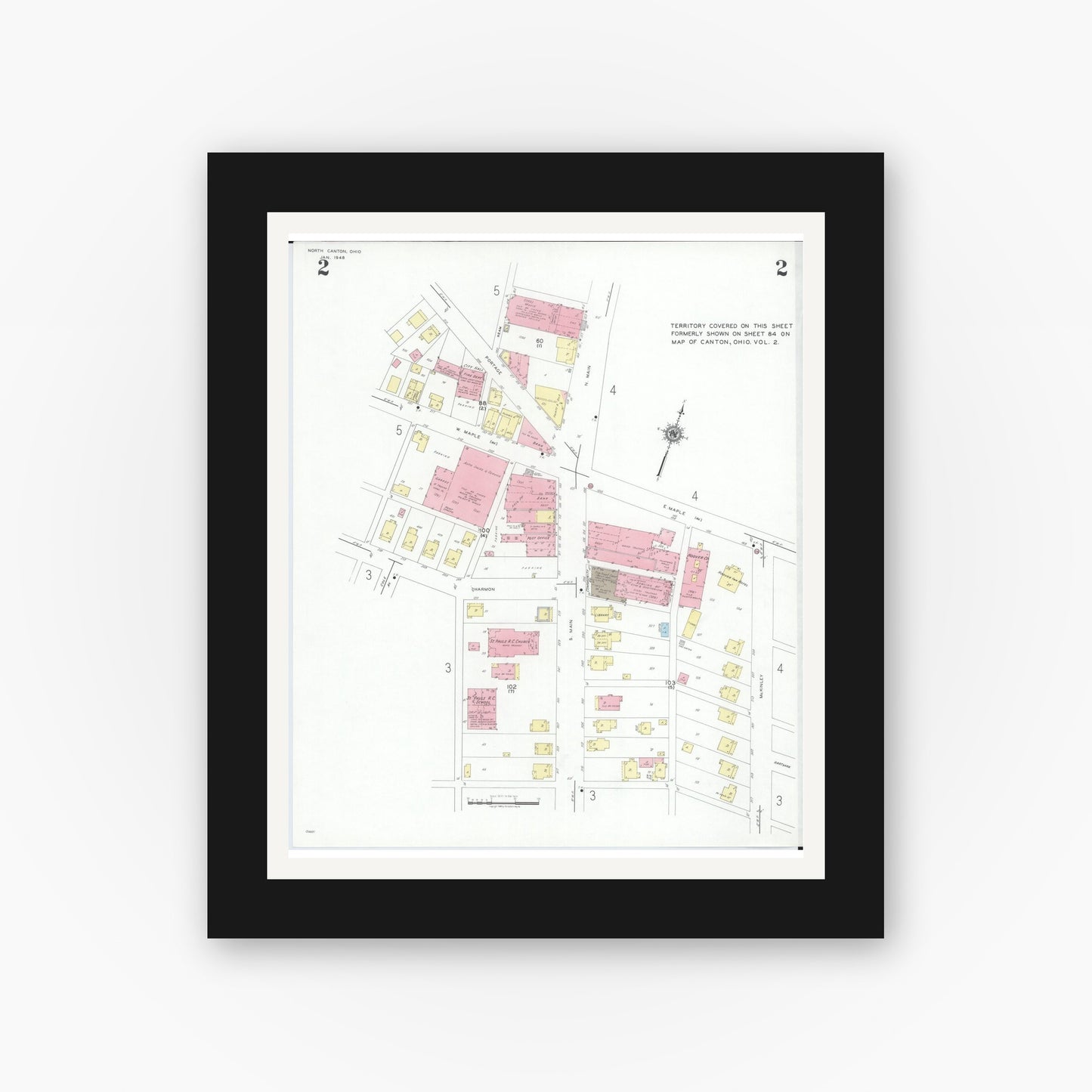 Old map wall art mockup — black gallery frame with white mat — Sanborn Fire Insurance Map from North Canton, Stark County, Ohio (1948), Sheet #0002
