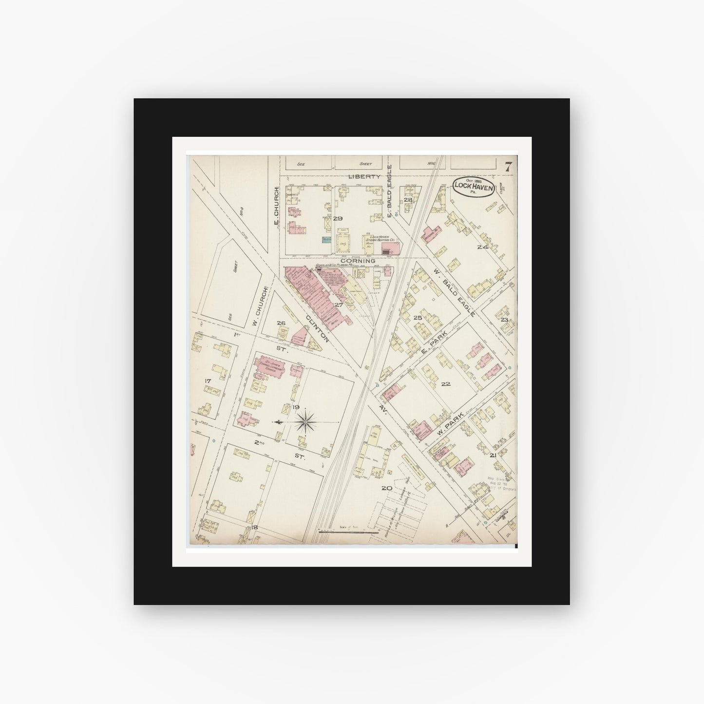 Old map wall art mockup — black gallery frame with white mat — Sanborn Fire Insurance Map from Lock Haven, Clinton County, Pennsylvania (1885), Sheet #0007