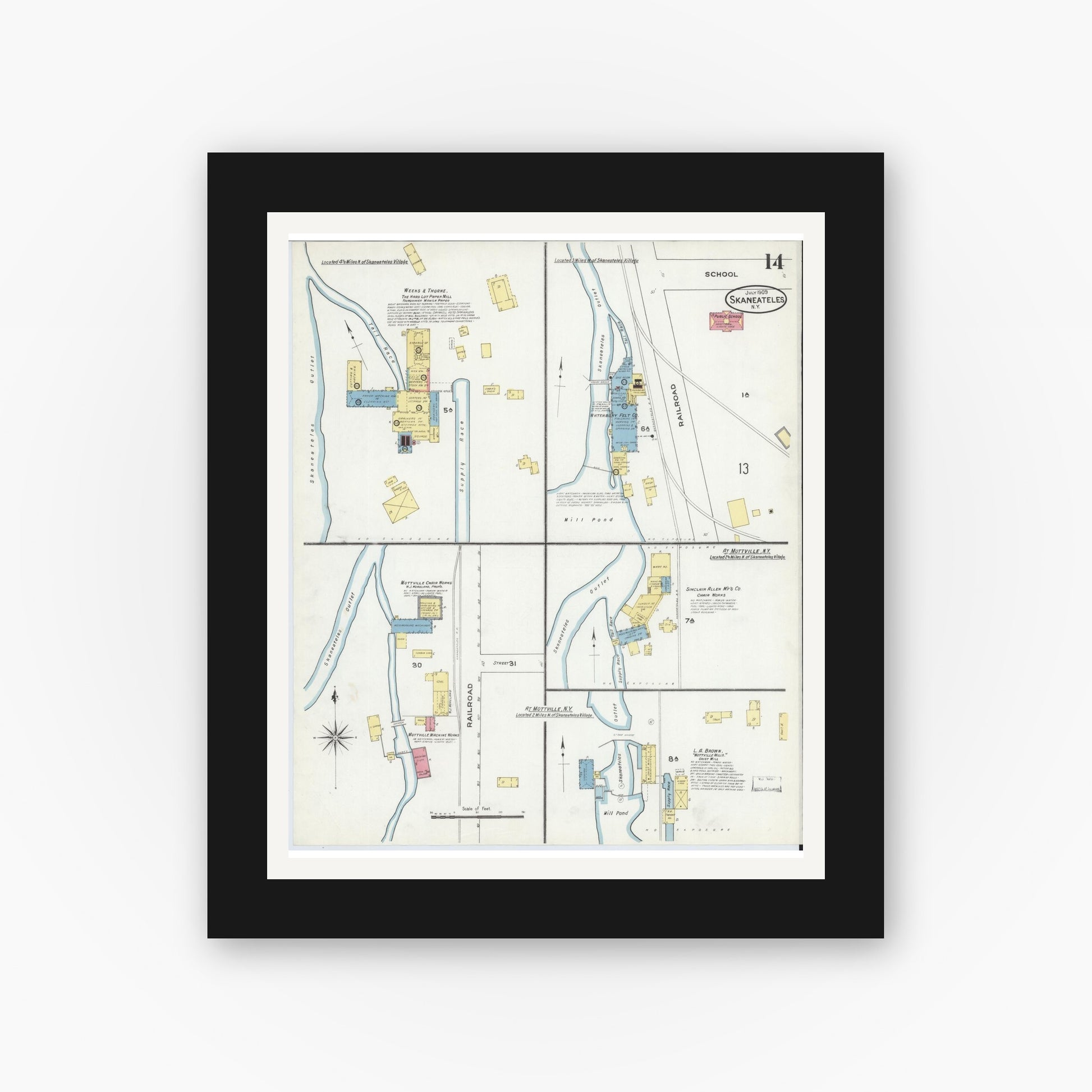 Old map wall art mockup — black gallery frame with white mat — Sanborn Fire Insurance Map from Skaneateles, Onondaga County, New York (1909), Sheet #0014