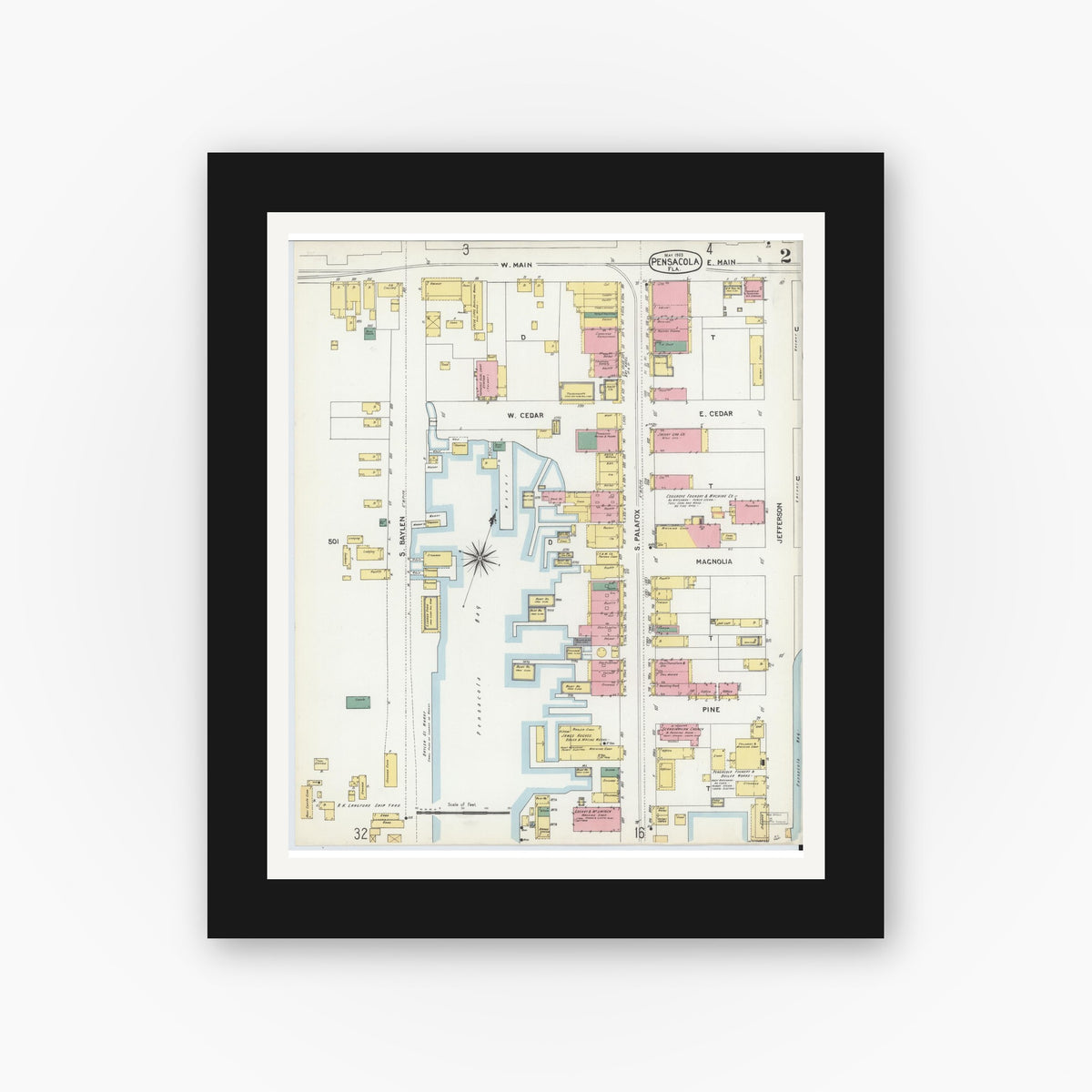 Old map wall art mockup — black gallery frame with white mat — Sanborn Fire Insurance Map from Pensacola, Escambia County, Florida (1903), Sheet #0002