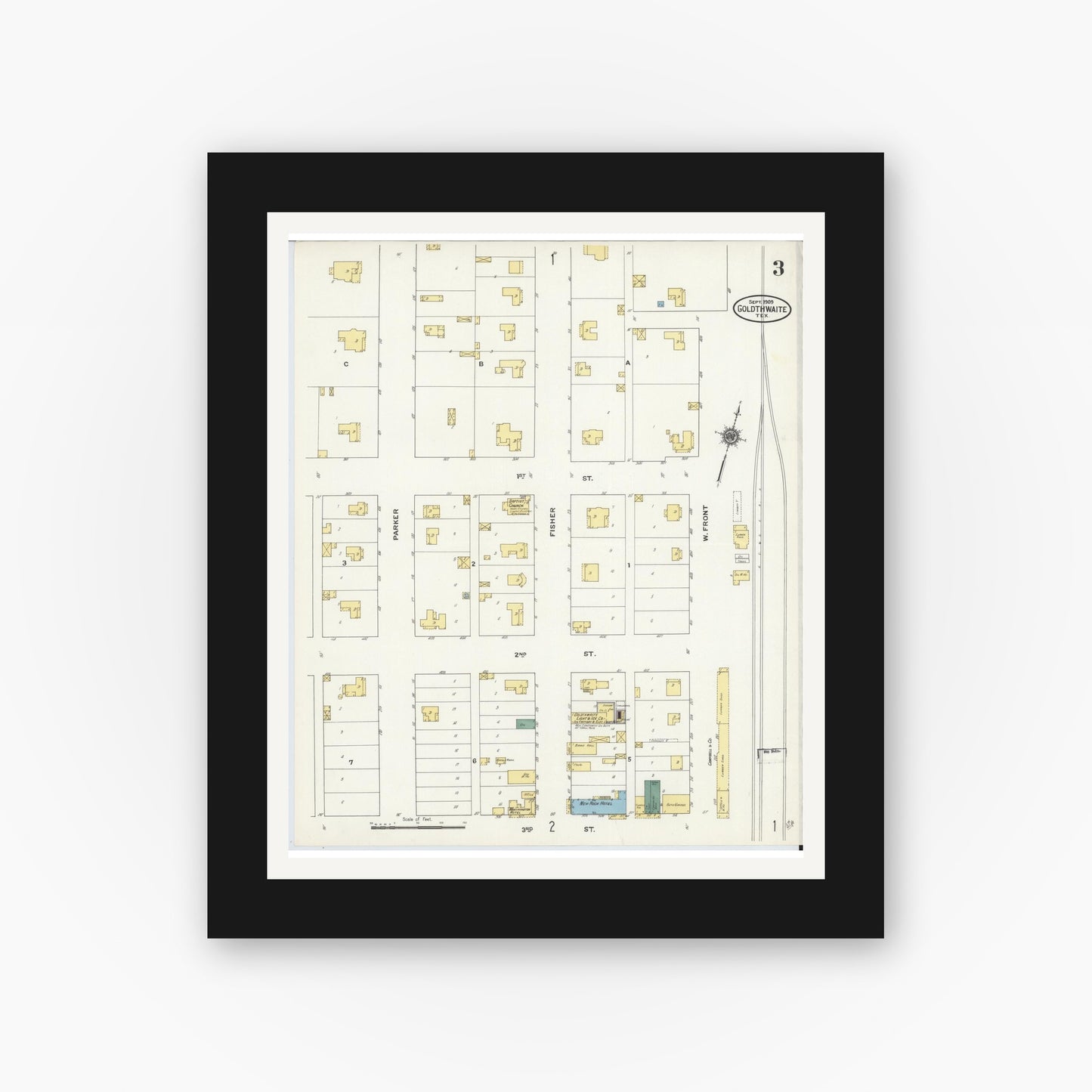 Old map wall art mockup — black gallery frame with white mat — Sanborn Fire Insurance Map from Goldthwaite, Mills County, Texas (1909), Sheet #0003