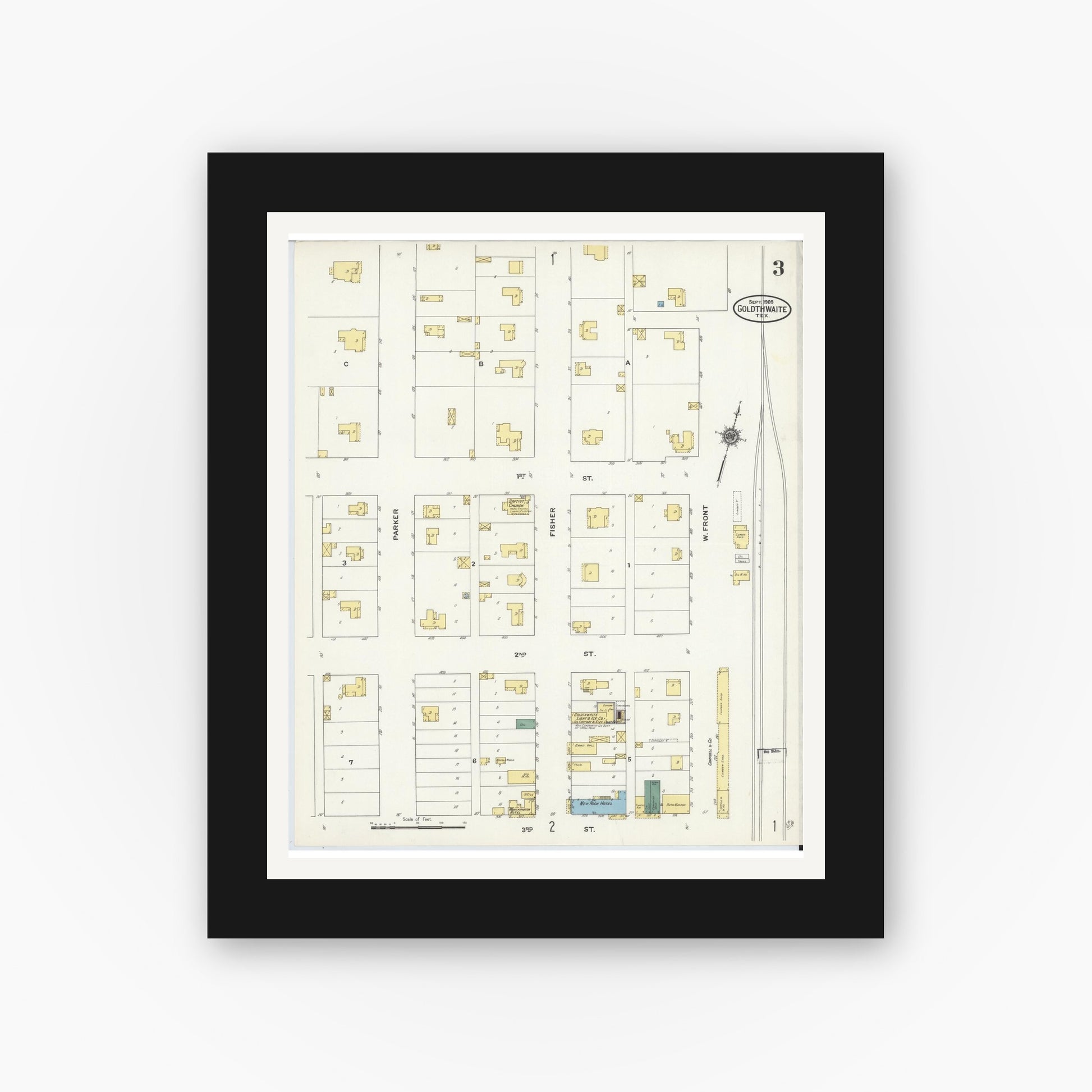 Old map wall art mockup — black gallery frame with white mat — Sanborn Fire Insurance Map from Goldthwaite, Mills County, Texas (1909), Sheet #0003