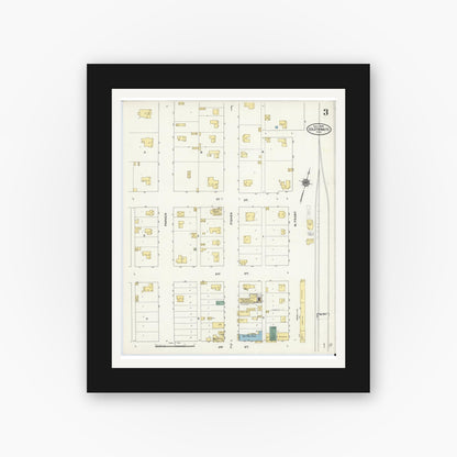 Old map wall art mockup — black gallery frame with white mat — Sanborn Fire Insurance Map from Goldthwaite, Mills County, Texas (1909), Sheet #0003