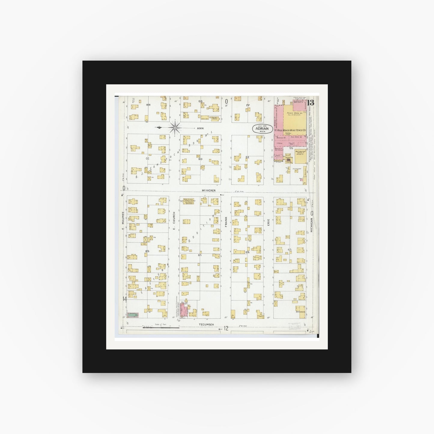 Old map wall art mockup — black gallery frame with white mat — Sanborn Fire Insurance Map from Adrian, Lenawee County, Michigan (1899), Sheet #0013