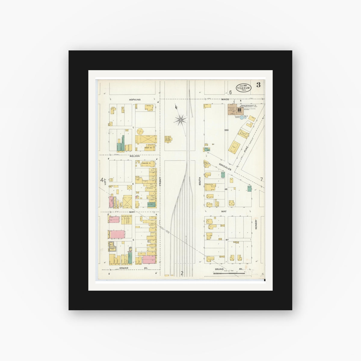 Old map wall art mockup — black gallery frame with white mat — Sanborn Fire Insurance Map from Yoakum, De Witt And Lavaca Counties, Texas (1904), Sheet #0003
