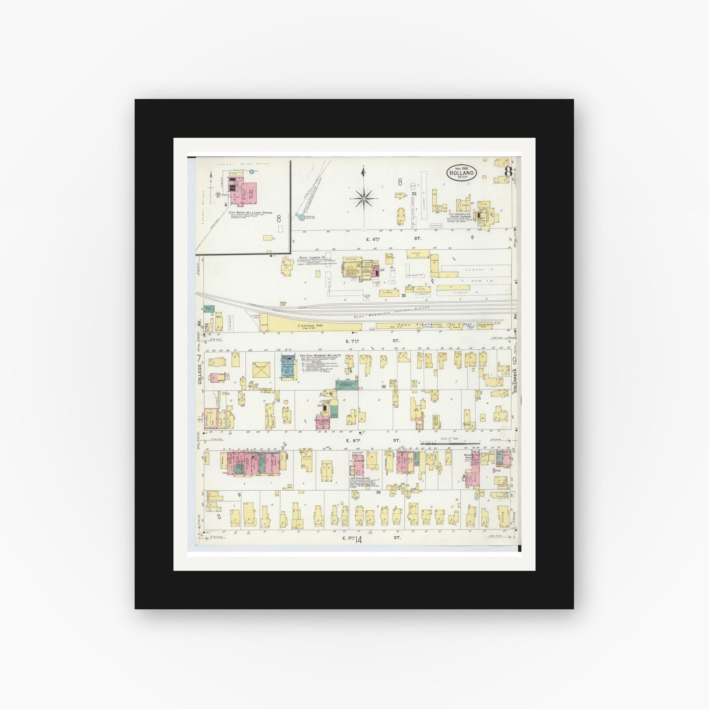 Old map wall art mockup — black gallery frame with white mat — Sanborn Fire Insurance Map from Holland, Ottawa County, Michigan (1908), Sheet #0008