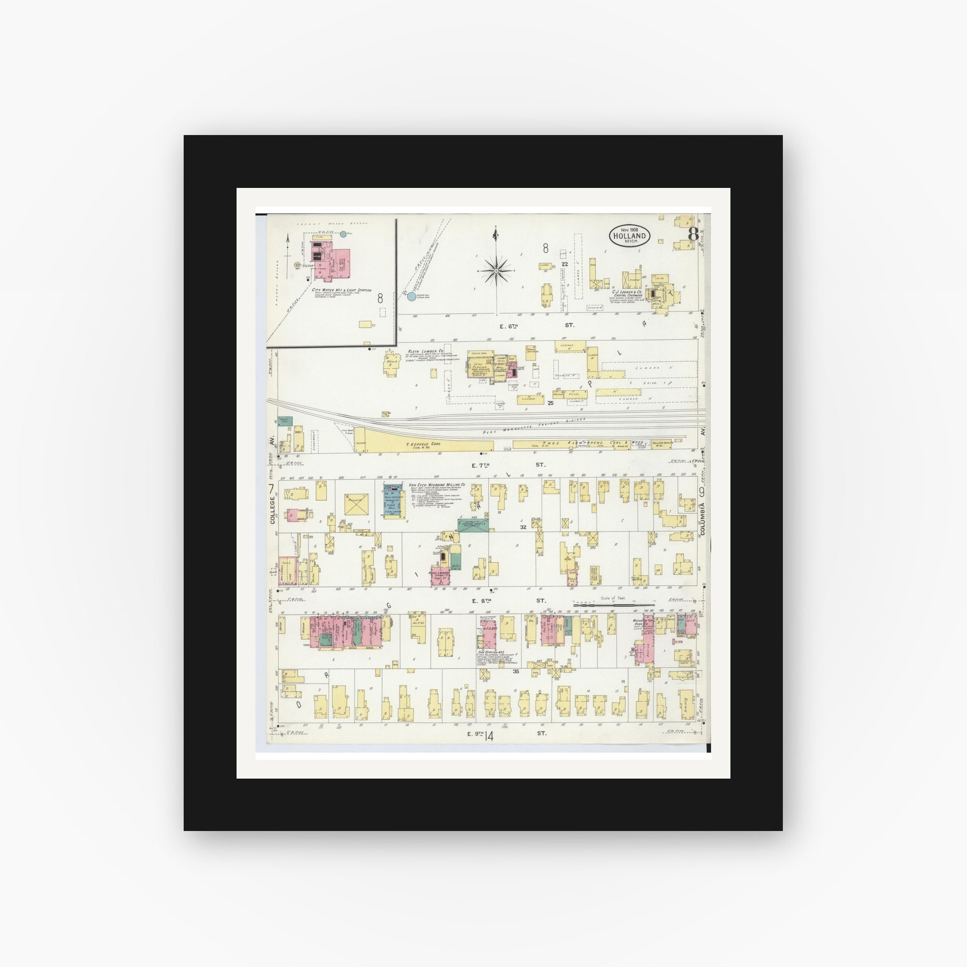Old map wall art mockup — black gallery frame with white mat — Sanborn Fire Insurance Map from Holland, Ottawa County, Michigan (1908), Sheet #0008