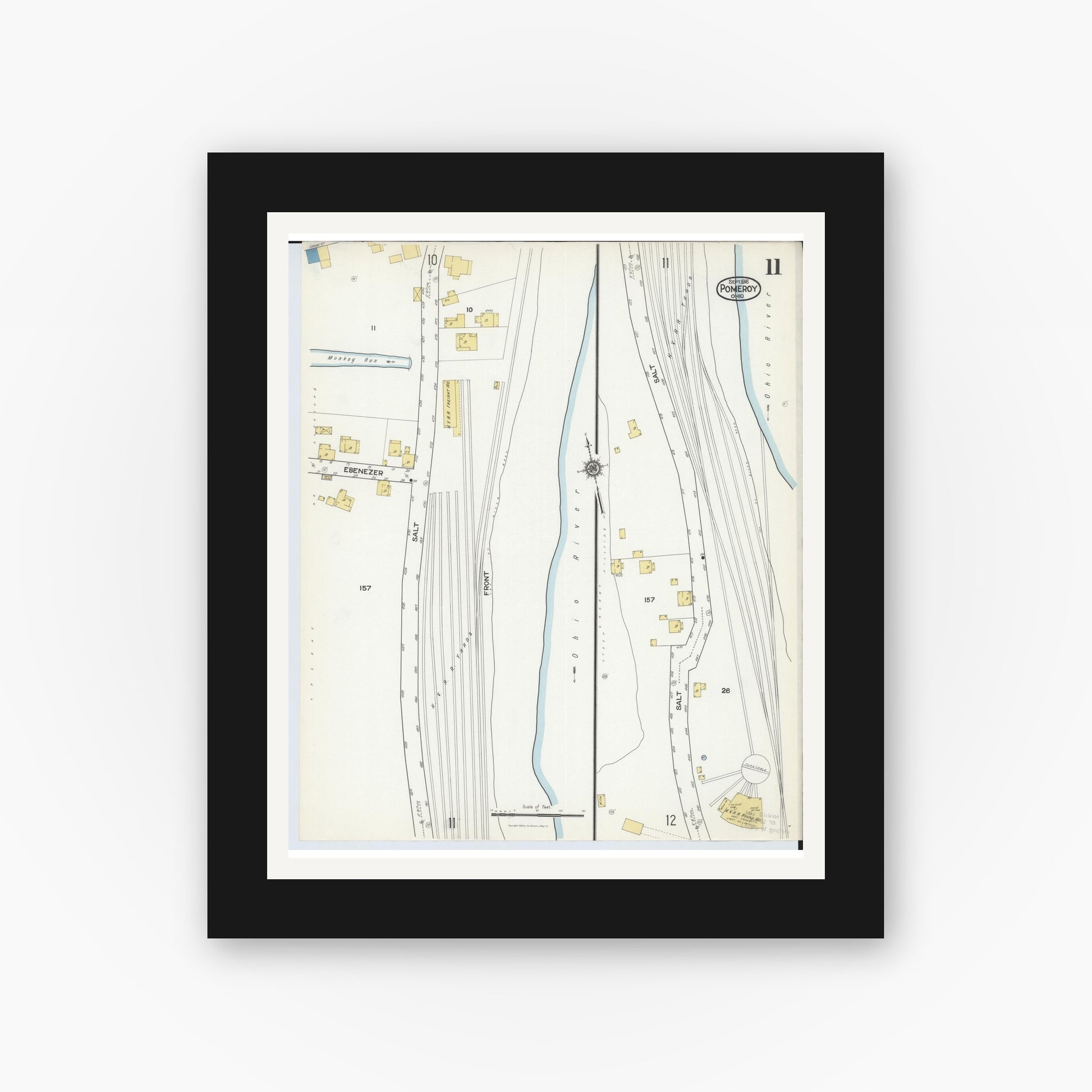 Old map wall art mockup — black gallery frame with white mat — Sanborn Fire Insurance Map from Pomeroy, Meigs County, Ohio (1916), Sheet #0011