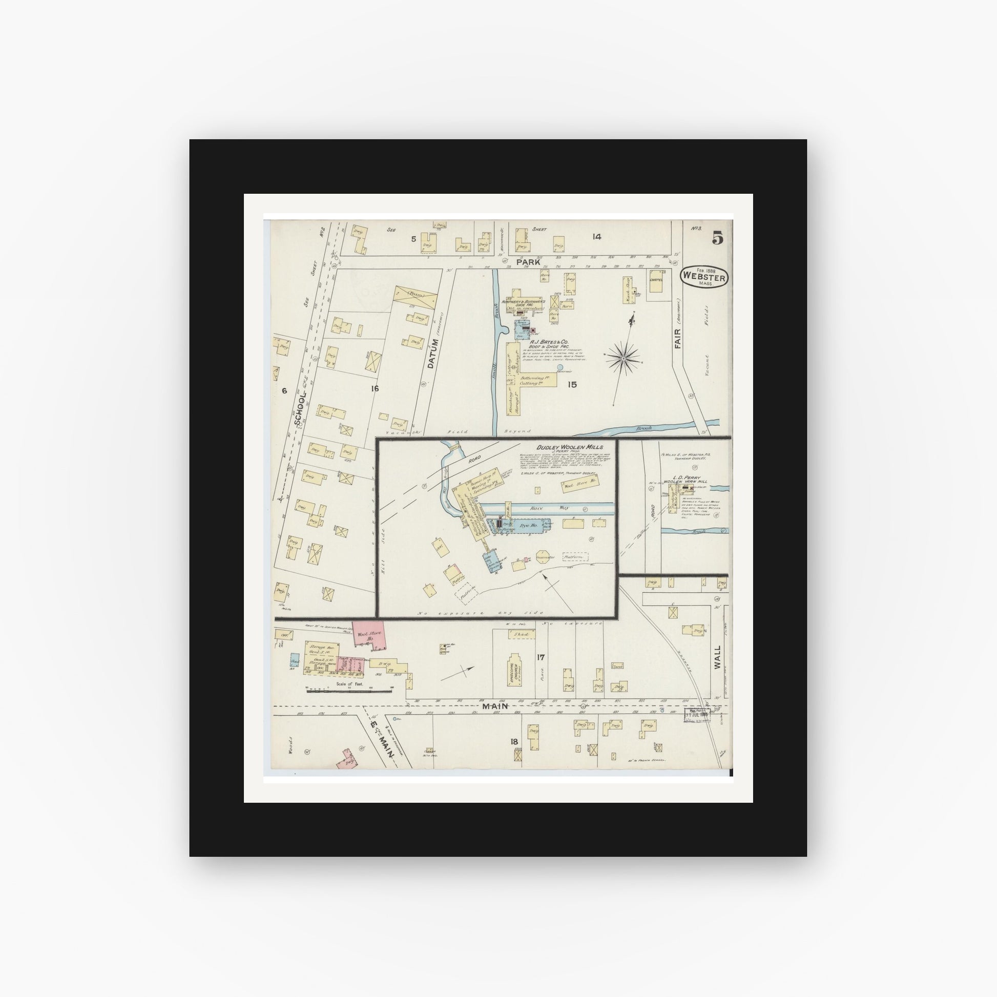 Old map wall art mockup — black gallery frame with white mat — Sanborn Fire Insurance Map from Webster, Worcester County, Massachusetts (1888), Sheet #0005