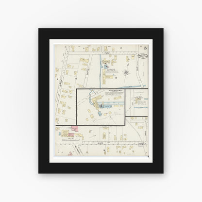 Old map wall art mockup — black gallery frame with white mat — Sanborn Fire Insurance Map from Webster, Worcester County, Massachusetts (1888), Sheet #0005