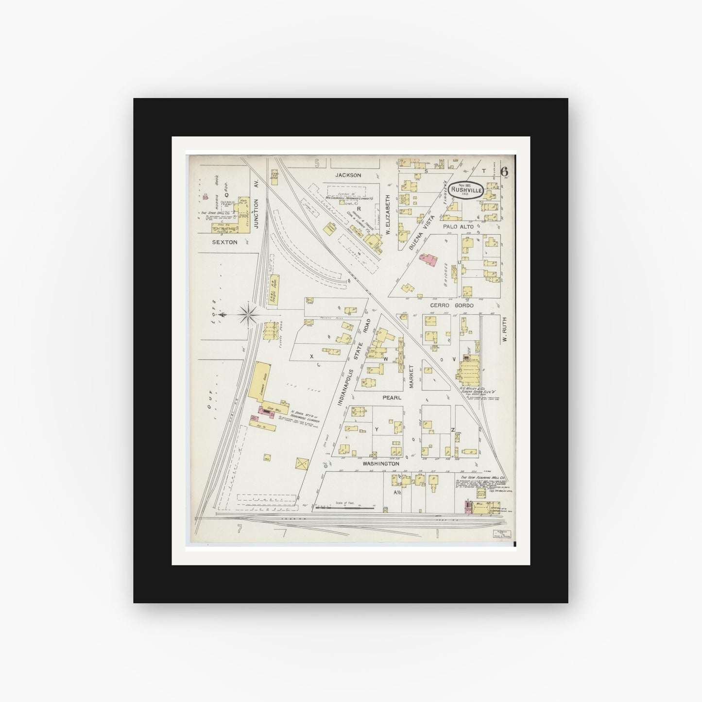 Old map wall art mockup — black gallery frame with white mat — Sanborn Fire Insurance Map from Rushville, Rush County, Indiana (1892), Sheet #0006