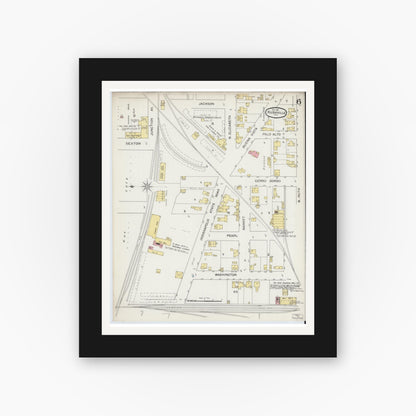 Old map wall art mockup — black gallery frame with white mat — Sanborn Fire Insurance Map from Rushville, Rush County, Indiana (1892), Sheet #0006