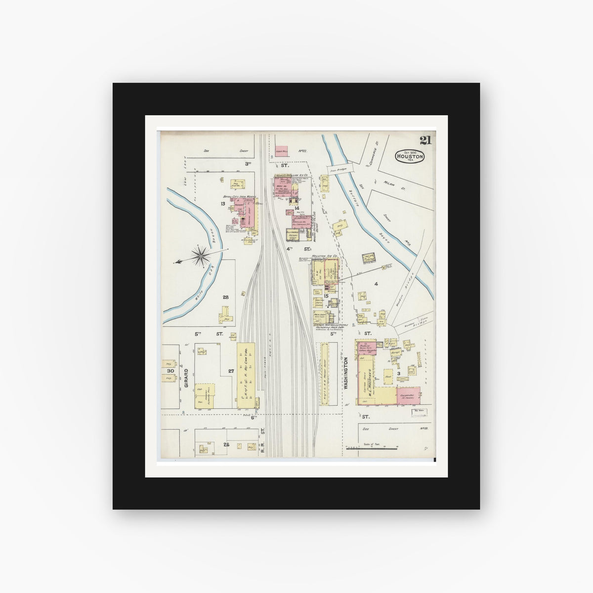 Old map wall art mockup — black gallery frame with white mat — Sanborn Fire Insurance Map from Houston, Harris County, Texas (1890), Sheet #0021