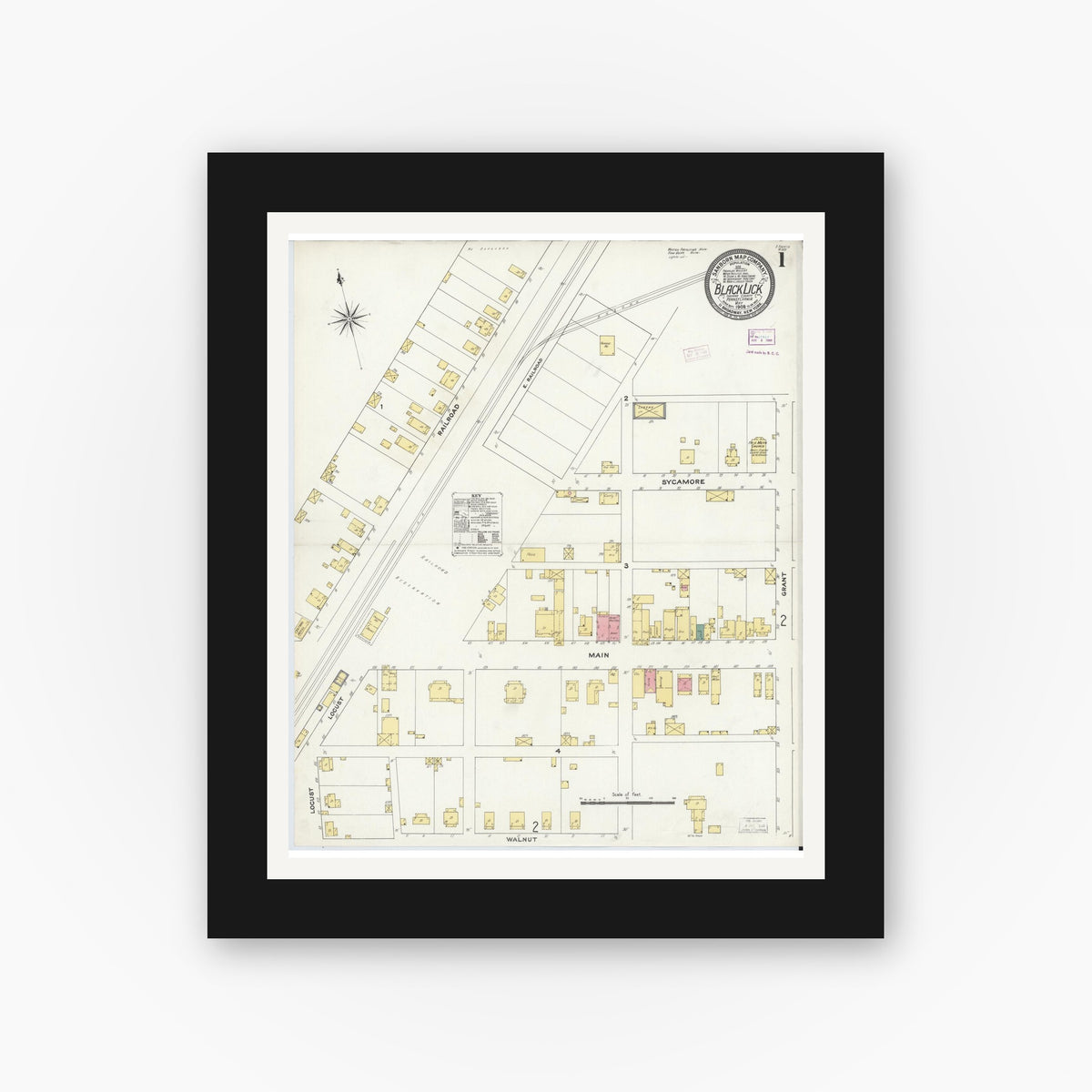 Old map wall art mockup — black gallery frame with white mat — Sanborn Fire Insurance Map from Black Lick, Indiana County, Pennsylvania (1909), Sheet #0001