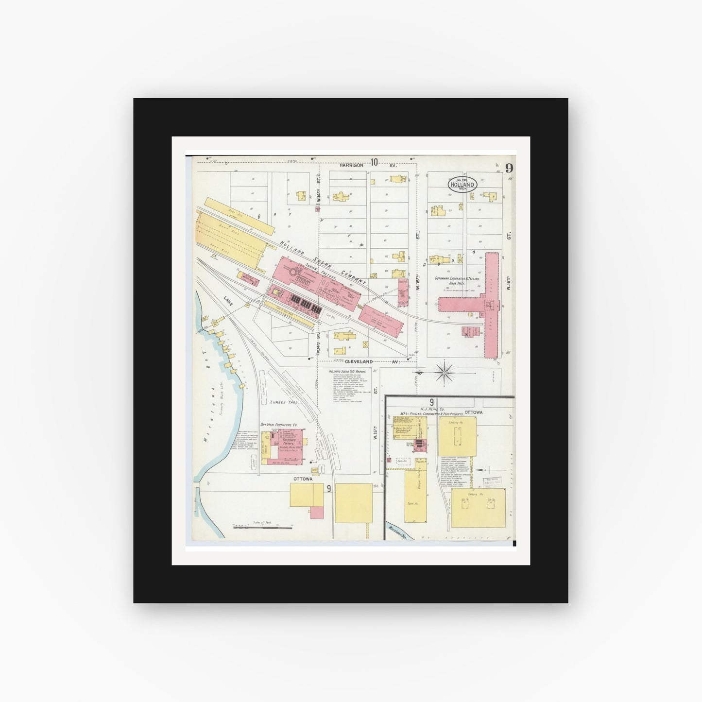 Old map wall art mockup — black gallery frame with white mat — Sanborn Fire Insurance Map from Holland, Ottawa County, Michigan (1902), Sheet #0009