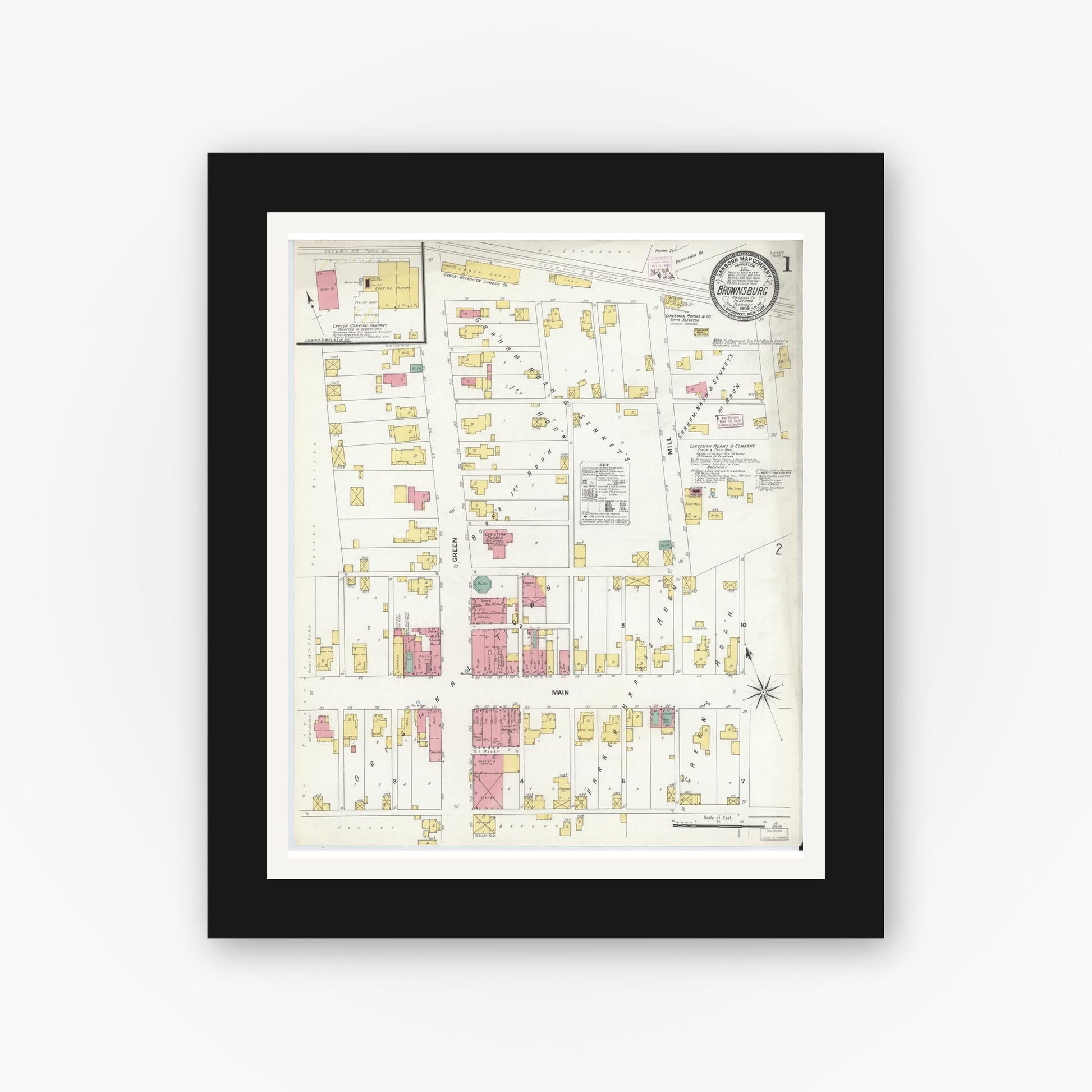 Old map wall art mockup — black gallery frame with white mat — Sanborn Fire Insurance Map from Brownsburg, Hendricks County, Indiana (1909), Sheet #0001