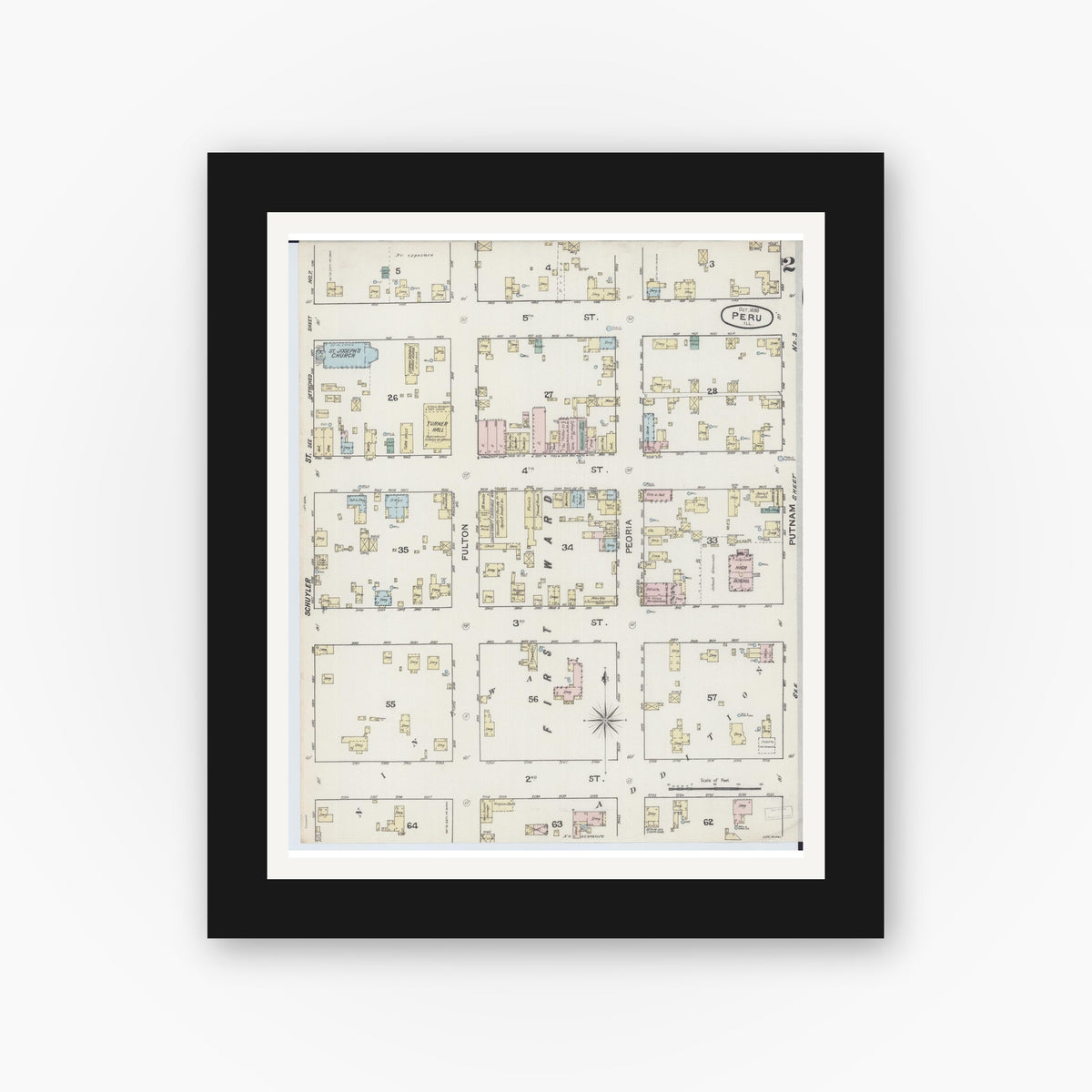 Old map wall art mockup — black gallery frame with white mat — Sanborn Fire Insurance Map from Peru, La Salle County, Illinois (1888), Sheet #0002