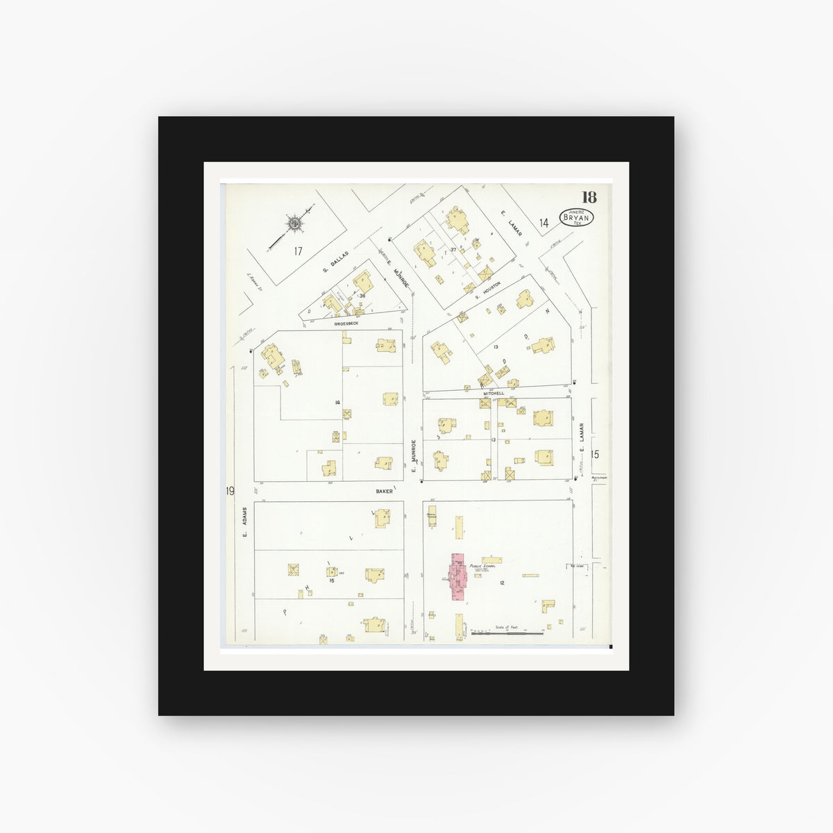 Old map wall art mockup — black gallery frame with white mat — Sanborn Fire Insurance Map from Bryan, Brazos County, Texas (1912), Sheet #0018