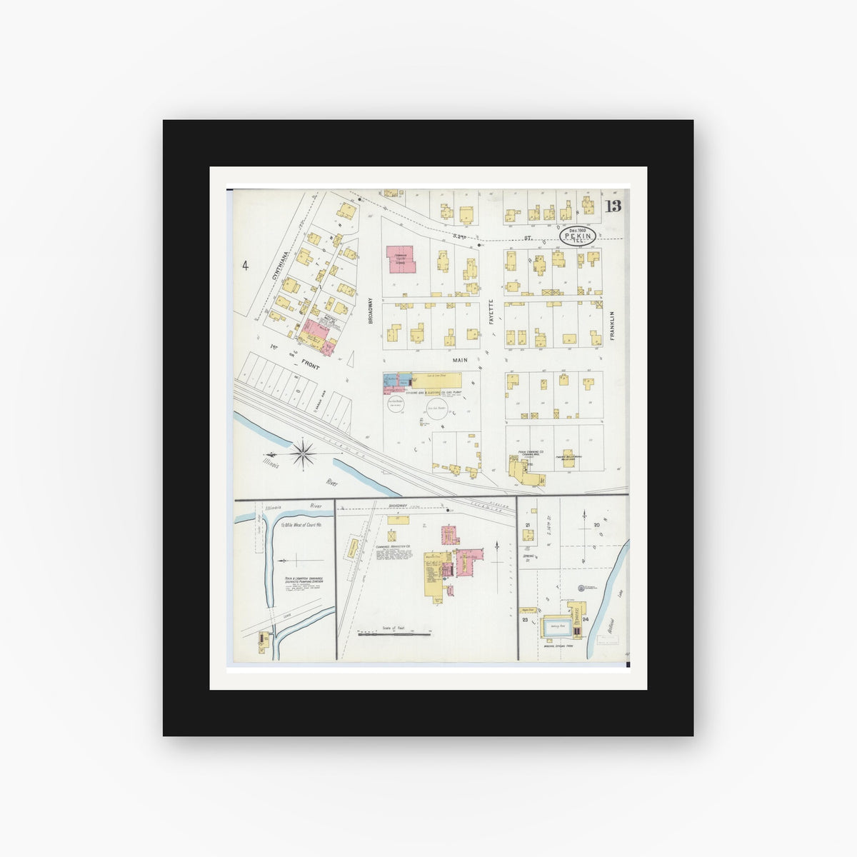 Old map wall art mockup — black gallery frame with white mat — Sanborn Fire Insurance Map from Pekin, Tazewell County, Illinois (1903), Sheet #0013