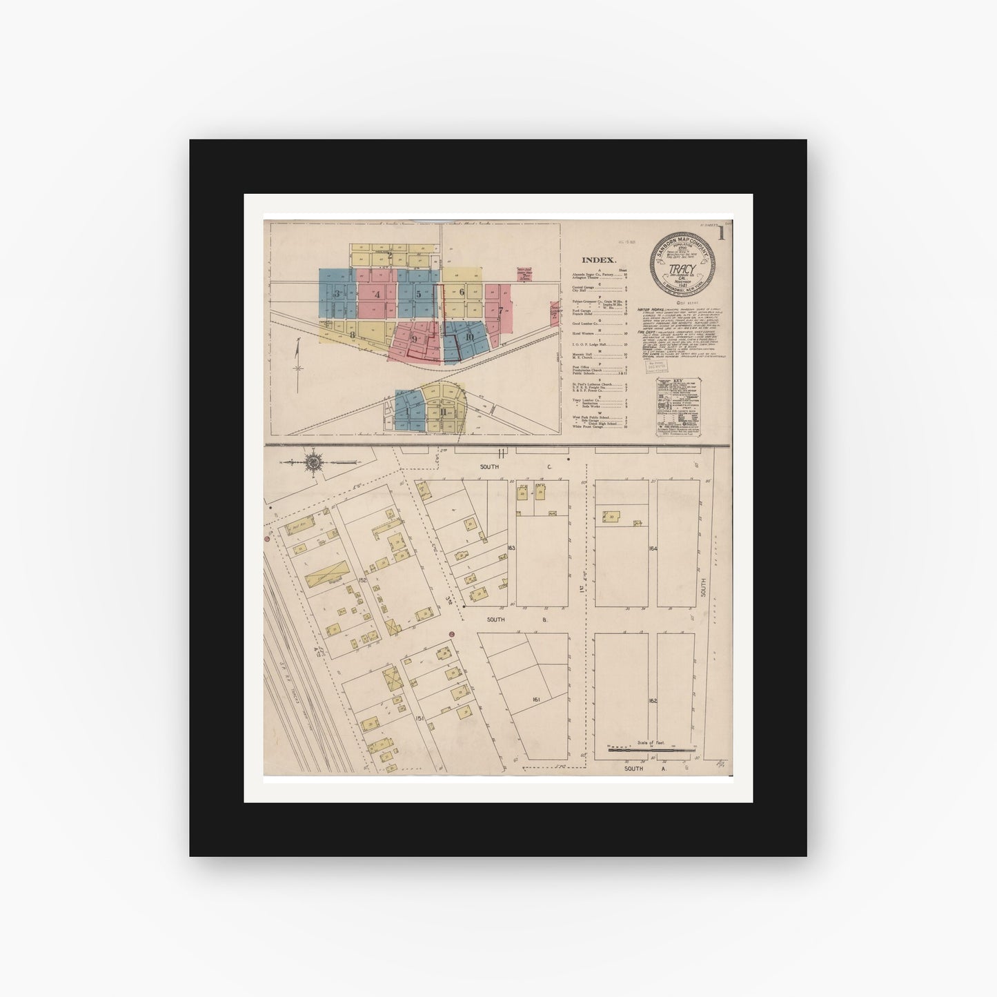Old map wall art mockup — black gallery frame with white mat — Sanborn Fire Insurance Map from Tracy, San Joaquin County, California (1921) - Complete Map Set