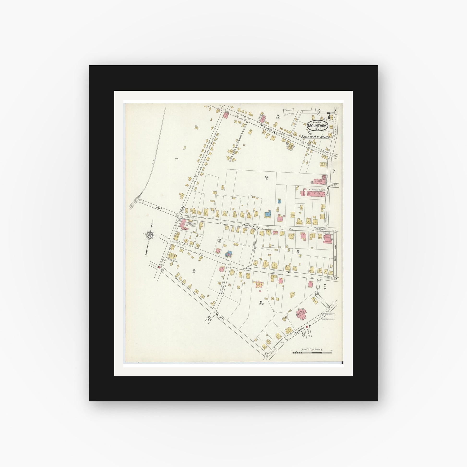 Old map wall art mockup — black gallery frame with white mat — Sanborn Fire Insurance Map from Mount Airy, Surry County, North Carolina (1916), Sheet #0007
