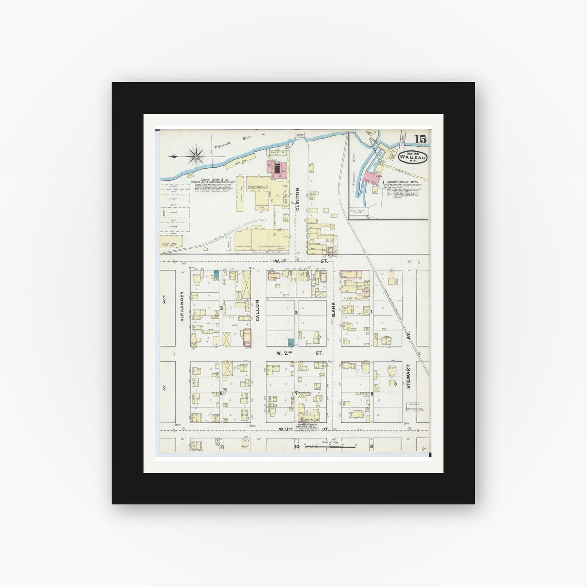 Old map wall art mockup — black gallery frame with white mat — Sanborn Fire Insurance Map from Wausau, Marathon County, Wisconsin (1891), Sheet #0015