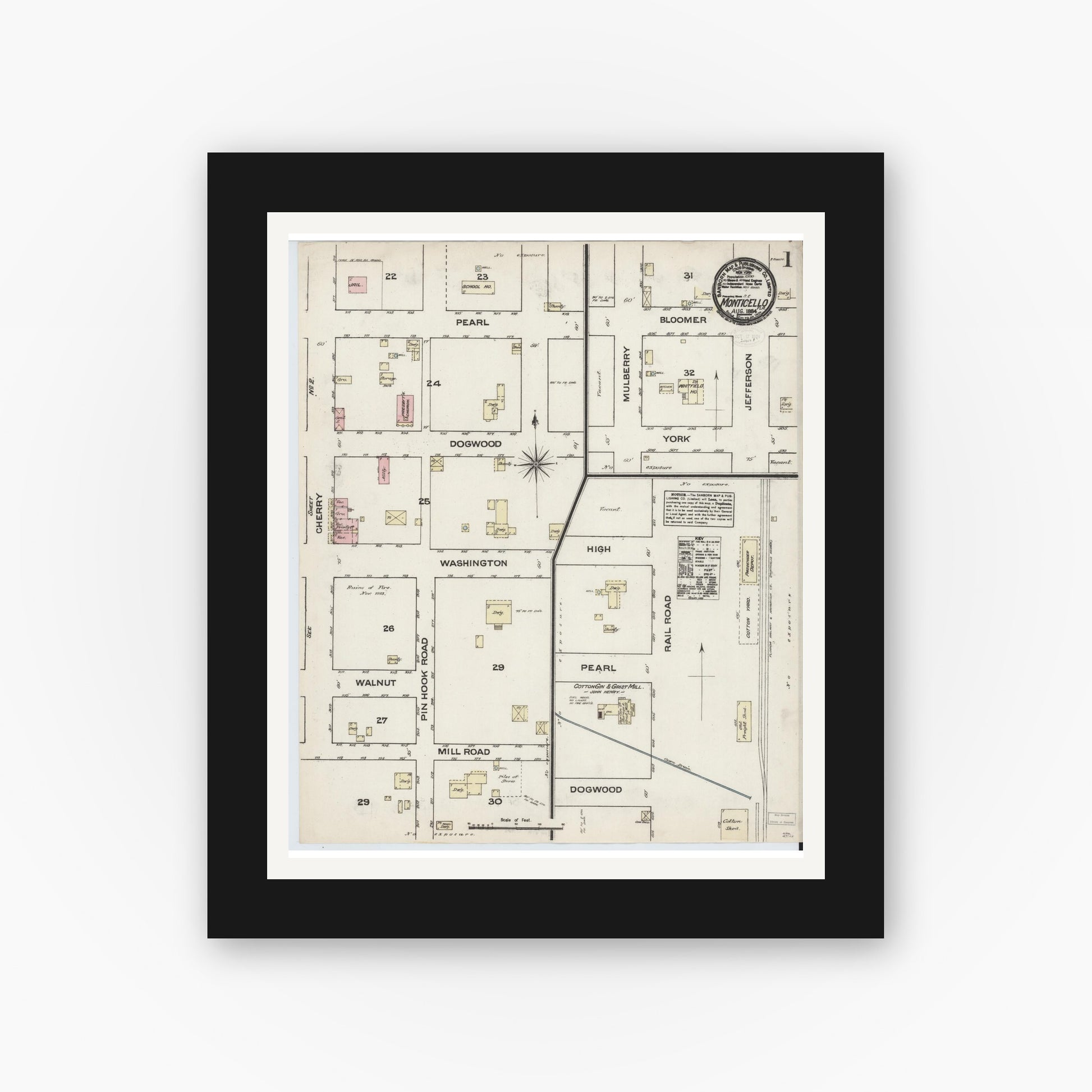 Old map wall art mockup — black gallery frame with white mat — Sanborn Fire Insurance Map from Monticello, Jefferson County, Florida (1884) - Complete Map Set
