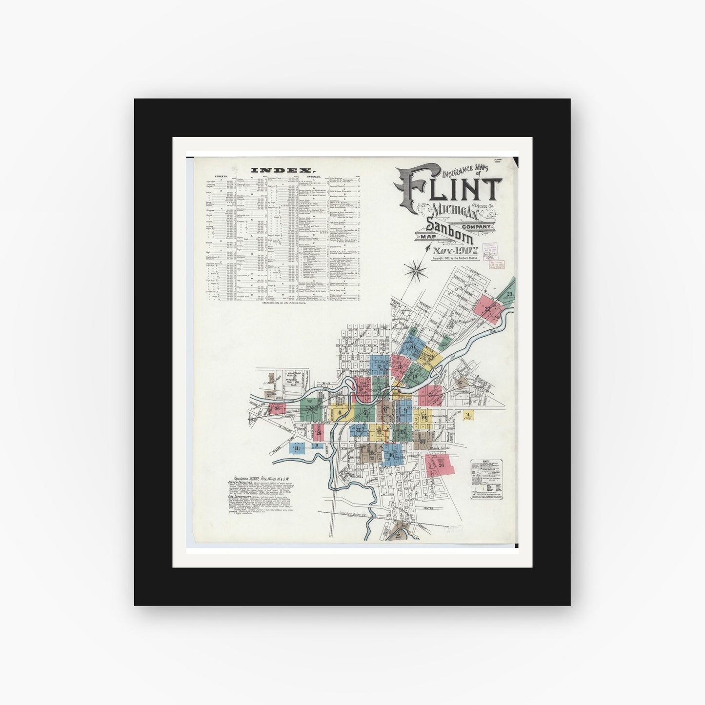 Old map wall art mockup — black gallery frame with white mat — Sanborn Fire Insurance Map from Flint, Genesee County, Michigan (1902) - Complete Map Set