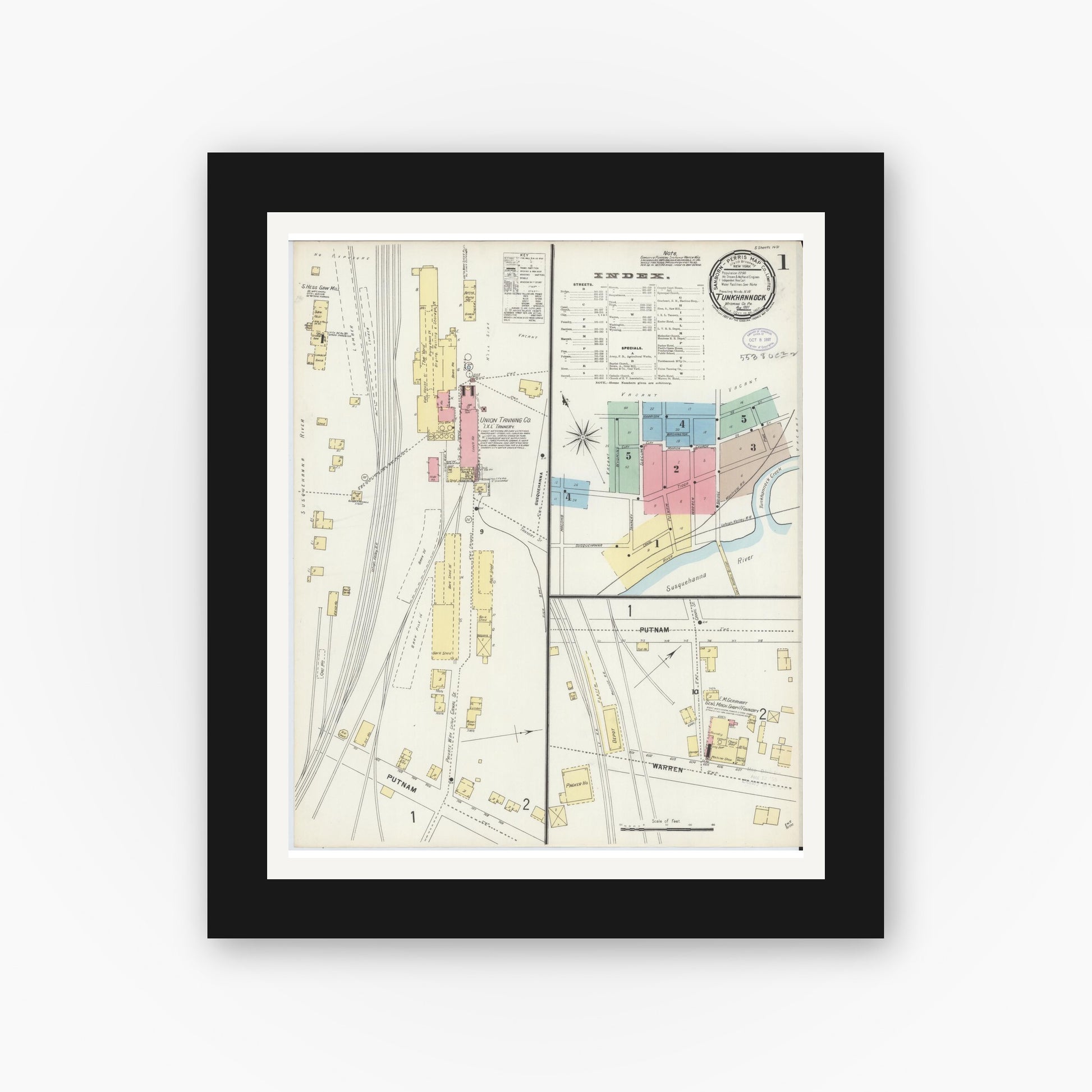 Old map wall art mockup — black gallery frame with white mat — Sanborn Fire Insurance Map from Tunkhannock, Wyoming County, Pennsylvania (1897), Sheet #0001