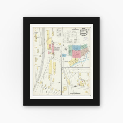 Old map wall art mockup — black gallery frame with white mat — Sanborn Fire Insurance Map from Tunkhannock, Wyoming County, Pennsylvania (1897), Sheet #0001
