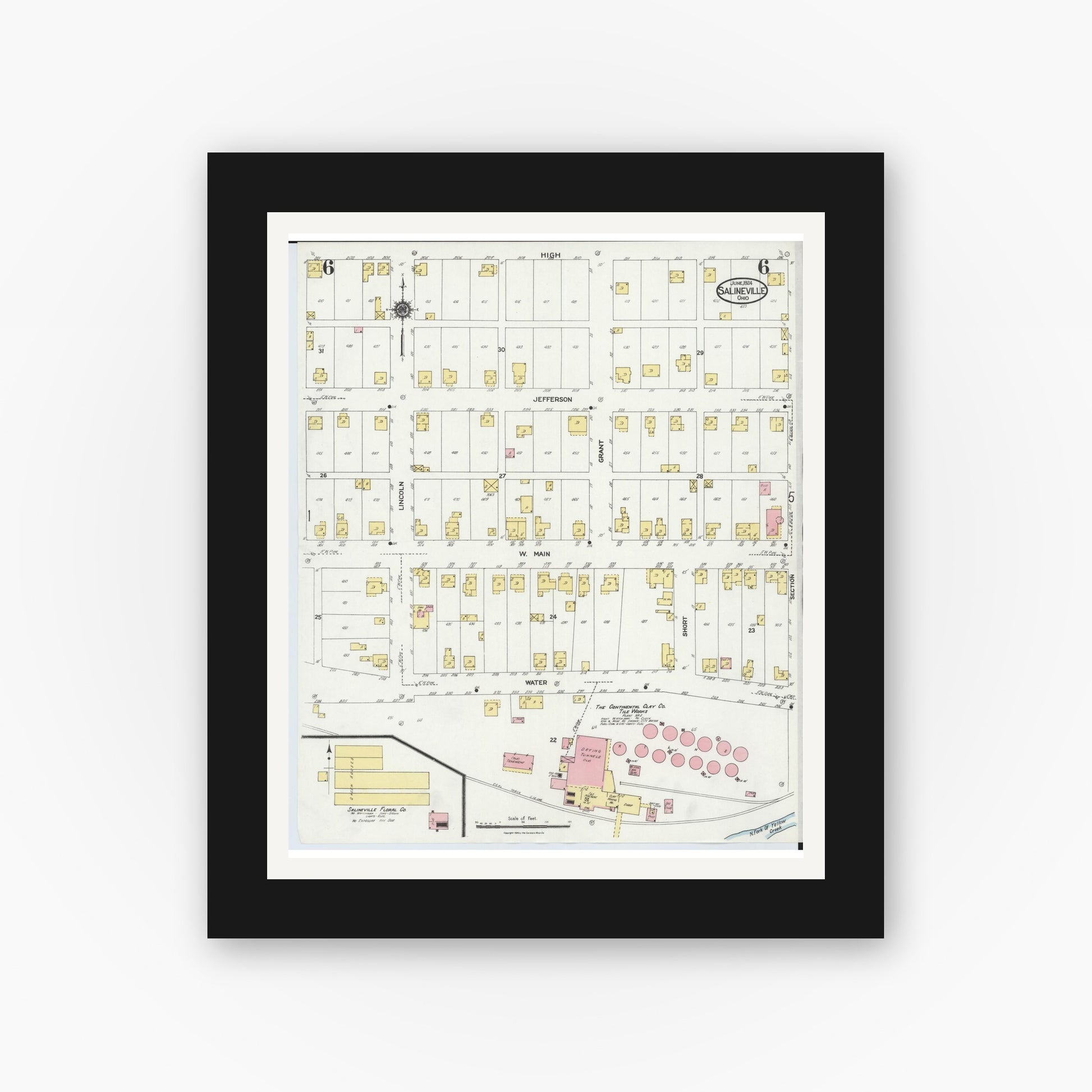 Old map wall art mockup — black gallery frame with white mat — Sanborn Fire Insurance Map from Salineville, Columbiana County, Ohio (1924), Sheet #0006