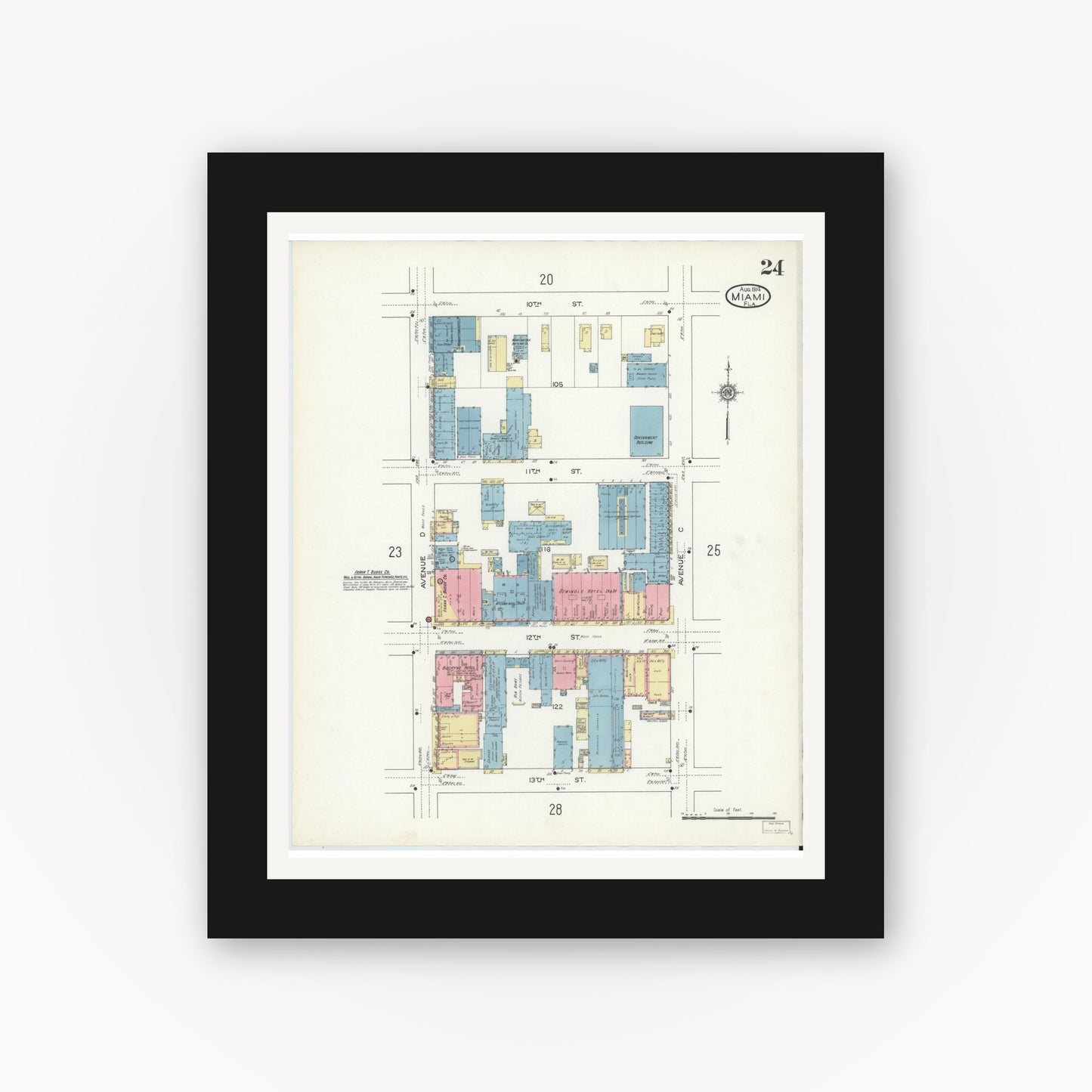 Old map wall art mockup — black gallery frame with white mat — Sanborn Fire Insurance Map from Miami, Dade County, Florida (1914), Sheet #0024
